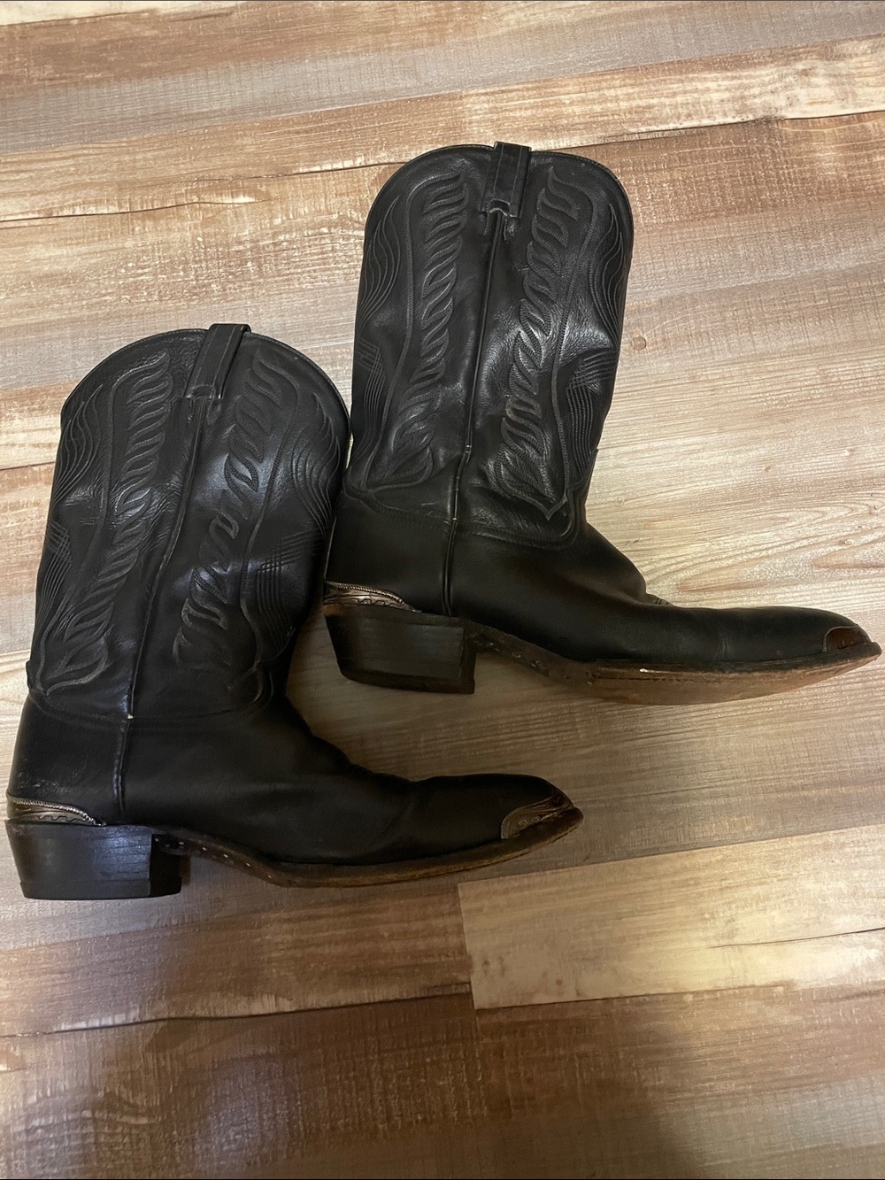 Tony Lama Black Leather Western Cowboy Boots with Stitch Detail